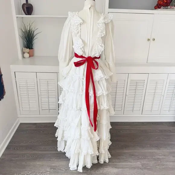 Vintage 50s Handmade Ivory Swiss Dot Lace Tiered Ruffle High Neck Dress Size S/6 - Picture 5 of 10